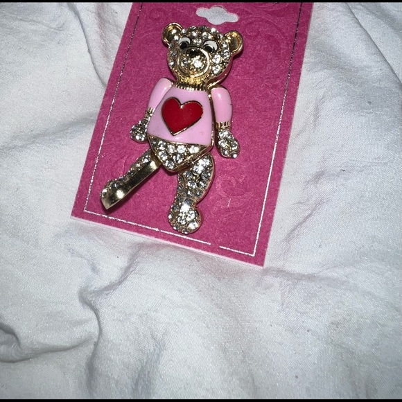 Gold Teddy Bear Pin. With Rhinestone and Hearts - Picture 3 of 7
